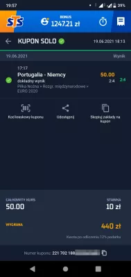 STS (Star-Typ Sport) Review: Polish Sports Bookmaker : Winning bet on Portugal-Germany exact score in football Euro 2021 on STS Android app